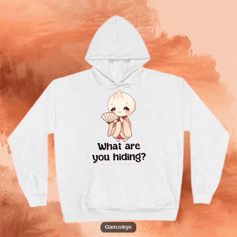 Funny Hoodie displaying an elegant clam in a kimono, playfully peeking from behind a paper fan.