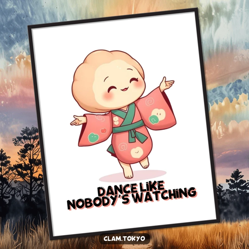 Funny Free Printable Wall Art: A clam in a richly colored kimono dancing with tiny, elegant, flowing movements.