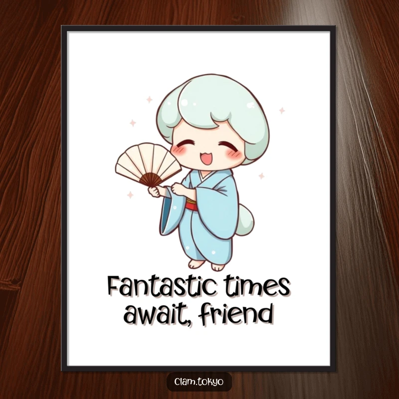 Funny Free Printable Wall Art: Clam in a blue kimono joyfully holding a delicate fan, a downloadable piece of art full of vibrant energy.