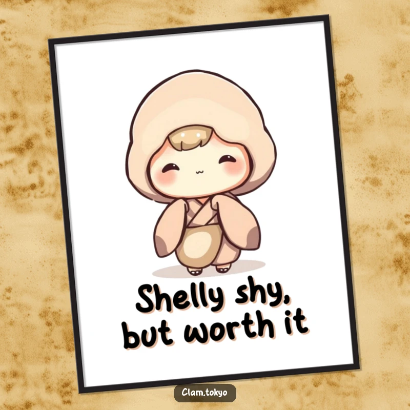 Funny Free Printable Wall Art: A shy clam character in a muted kimono, peeking out with a bashful expression.