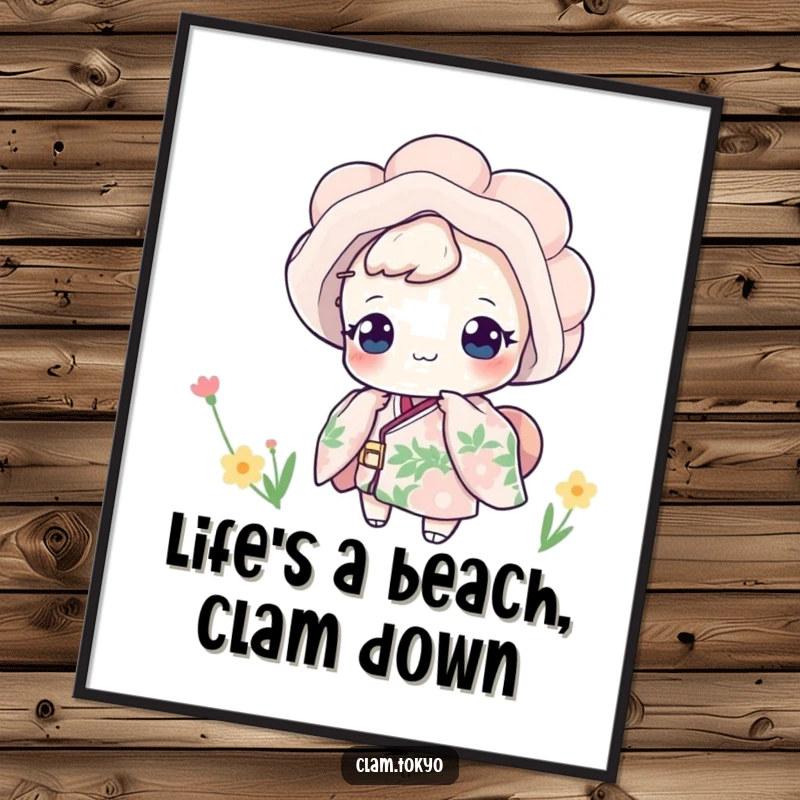 Funny Free Printable Wall Art featuring a clam in a floral kimono peeking mischievously, adding quirky charm.