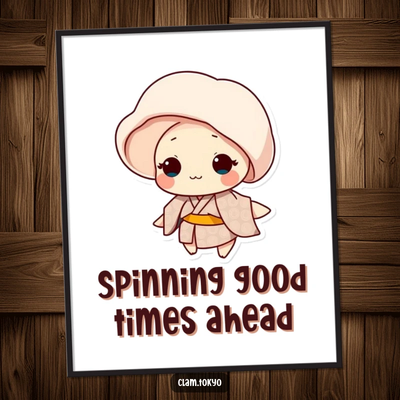 Funny Free Printable Wall Art: Clam in a patterned kimono gently spinning, a downloadable piece of art with delightful motion and humor.