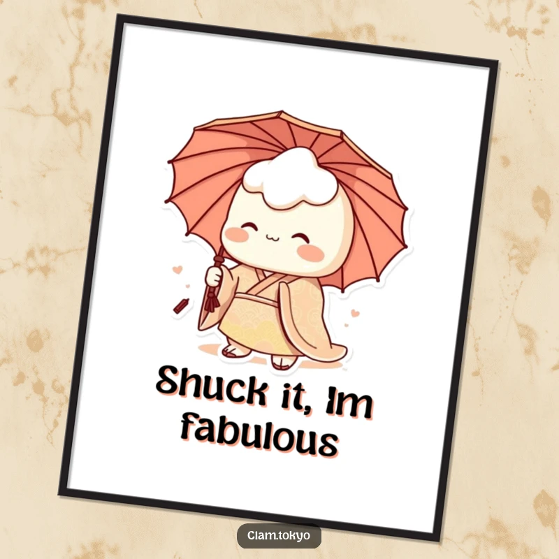 Funny Free Printable Wall Art: A regal clam character in a patterned kimono, holding an umbrella, exuding sophisticated charm and humor, for download.