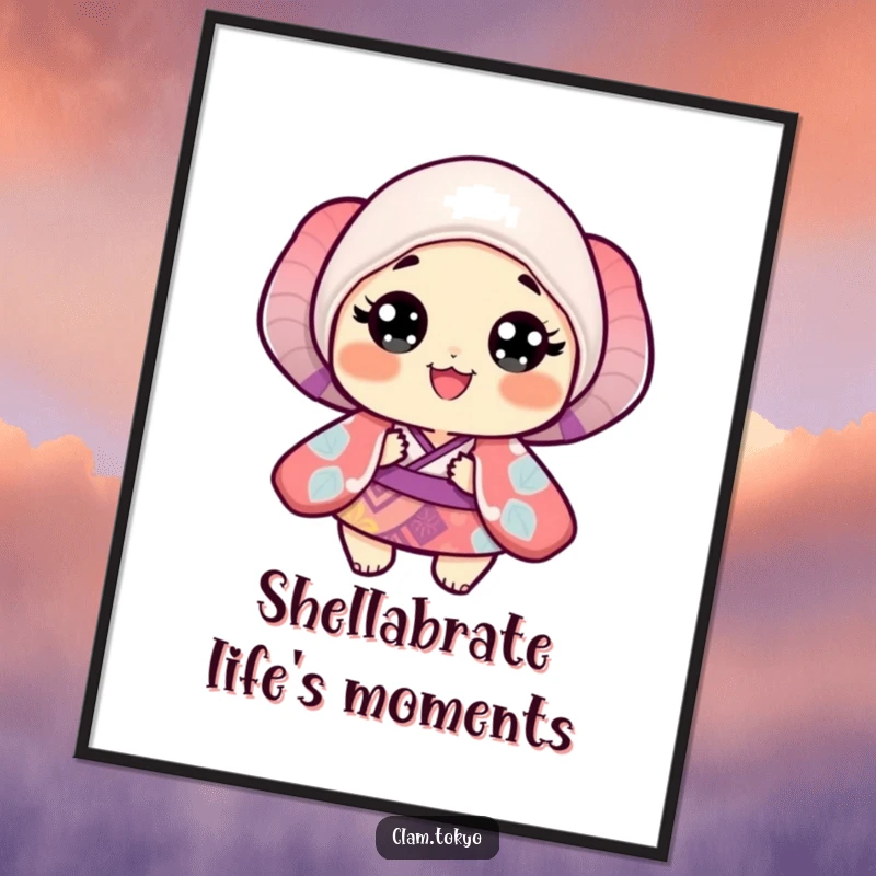 Funny Free Printable Wall Art: A wide-eyed clam wearing a vibrant, patterned kimono, radiating pure happiness.