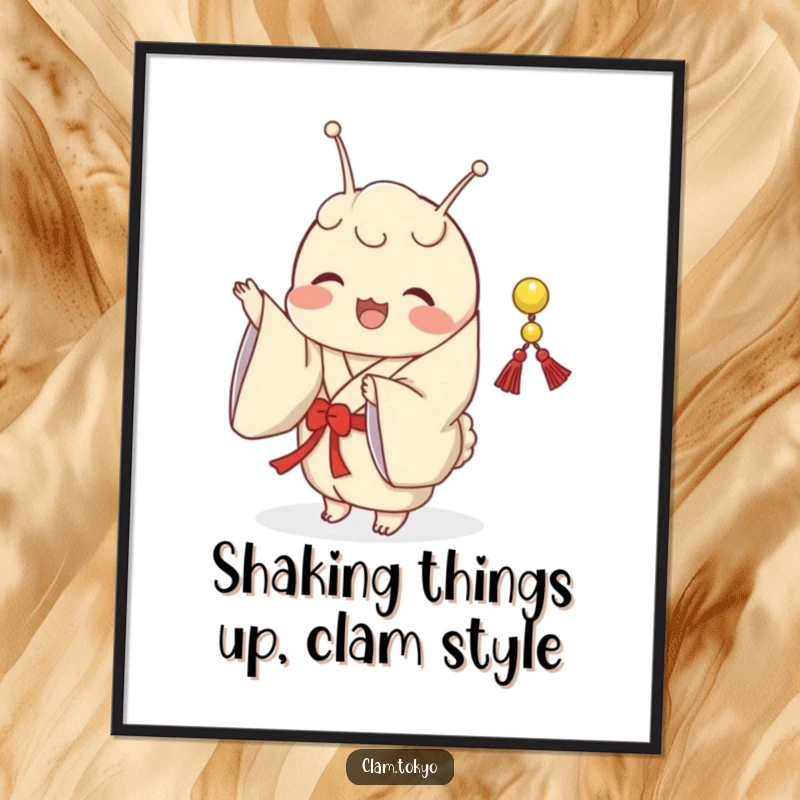 Funny Free Printable Wall Art: A clam in a classic kimono joyfully shaking a small decorative string.