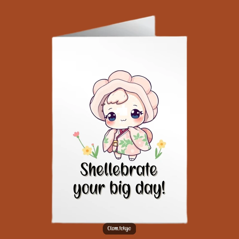 Free Printable Birthday Card: Funny Clam Peeking Floral Kimono - Downloadable Funny Gift