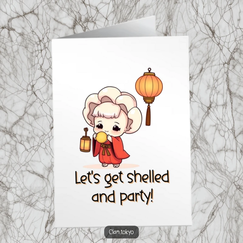 Funny Free Printable Birthday Card showing a clam in a red kimono holding a lantern serenely.