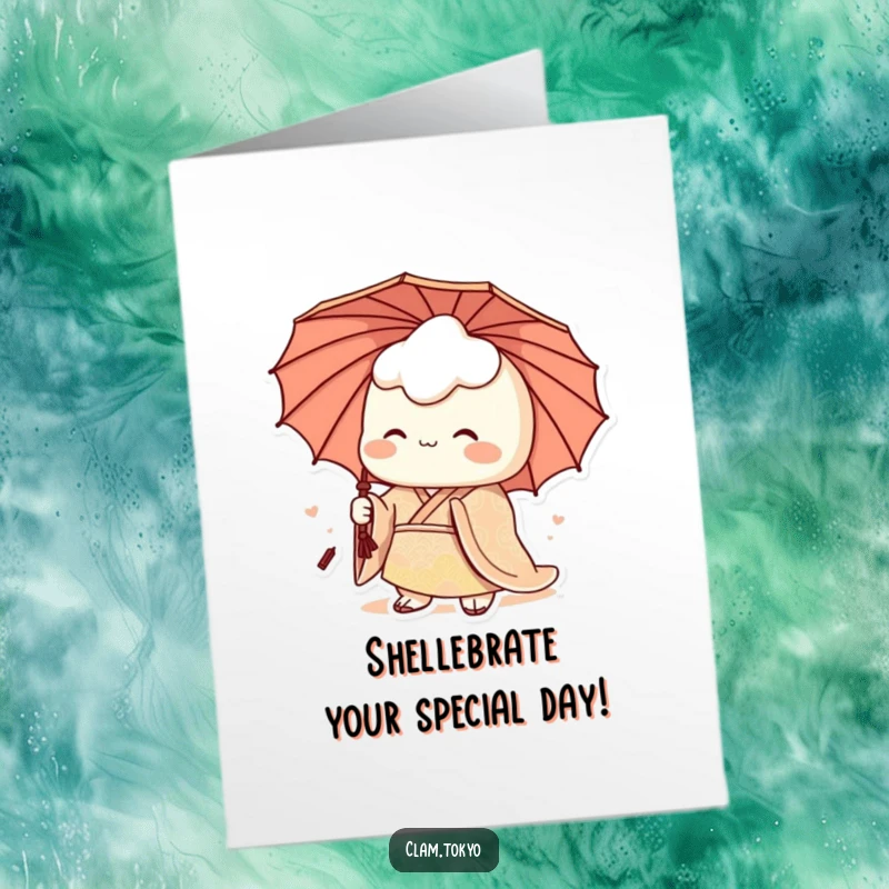 Funny Free Printable Birthday Card: A regal clam character in a patterned kimono, holding an umbrella, looking sophisticated for a birthday, ready to download.