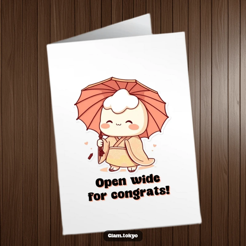 Funny Free Printable Congratulations Card: A regal clam character in a patterned kimono, holding an umbrella, bestowing a royal congrats, perfect for download.