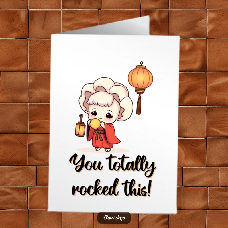 Funny Free Printable Congratulations Card with a clam in a red kimono holding a lantern.