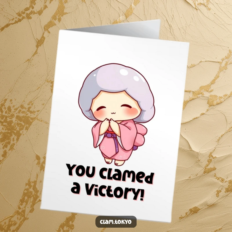 Funny Free Printable Congratulations Card: Clam in a pink kimono bowing gracefully, sending sophisticated and downloadable congratulations.