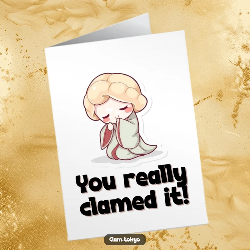 Funny Free Printable Congratulations Card: A clam in an elegant kimono bowing deeply, perfect for recognizing achievements.