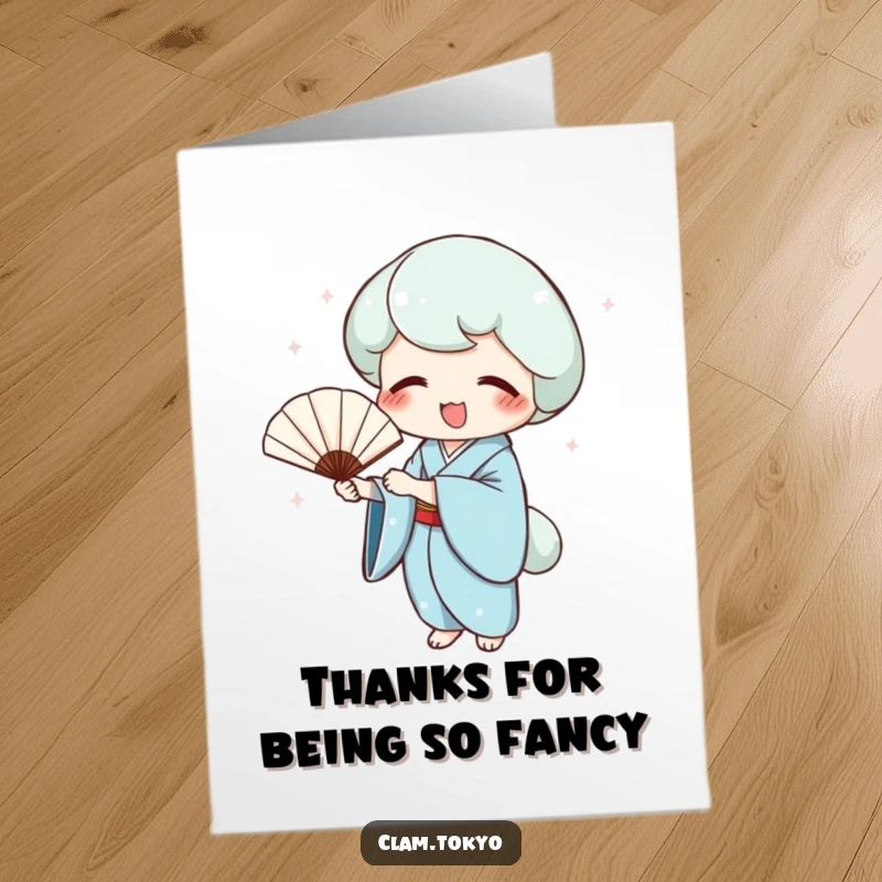 Funny Free Printable Thank You Card: Clam in a blue kimono holding a fan, a joyful and downloadable way to say thank you.