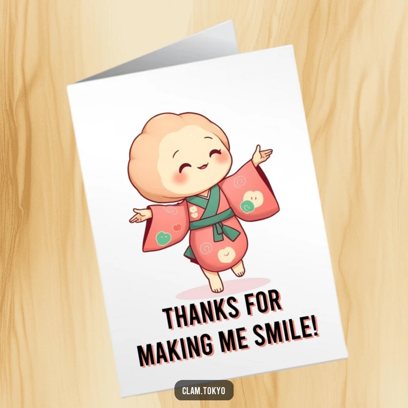 Funny Free Printable Thank You Card: A clam in a richly colored kimono dancing with tiny, flowing movements.