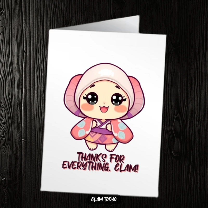 Funny Free Printable Thank You Card: A happy, grateful clam dressed in a patterned kimono, offering thanks.