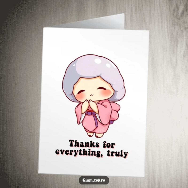 Funny Free Printable Thank You Card: Clam in a pink kimono bowing politely, a downloadable and elegant way to express thanks.