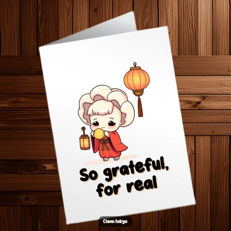 Funny Free Printable Thank You Card featuring a clam in a red kimono holding a lantern, conveying thanks.