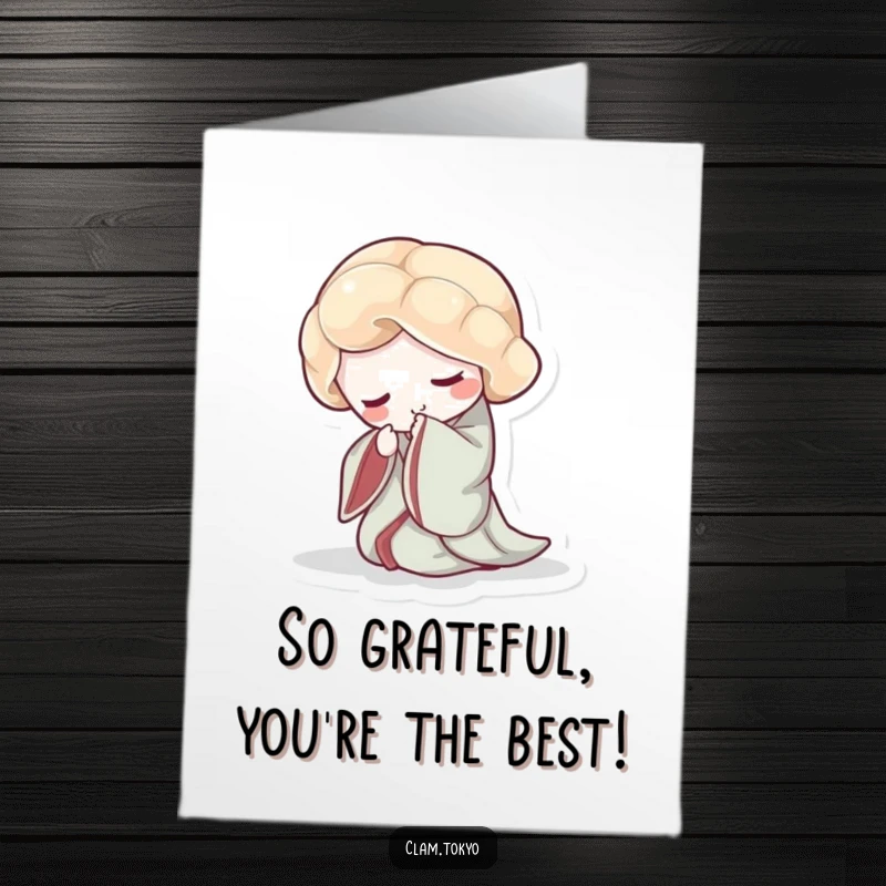 Funny Free Printable Thank You Card: A clam in a flowing kimono bowing politely, conveying sincere thanks.