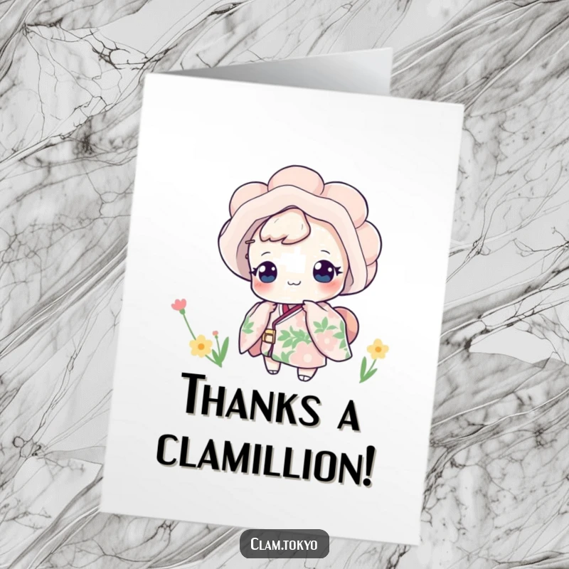 Funny Free Printable Thank You Card with a peeking clam in a floral kimono offering thanks.