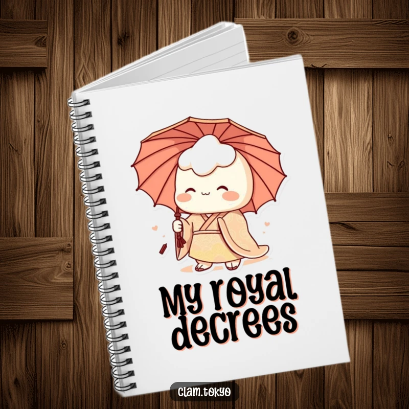 Funny Notebook with a regal clam character in a patterned kimono and umbrella, humorously inspiring elegant and sophisticated notes.