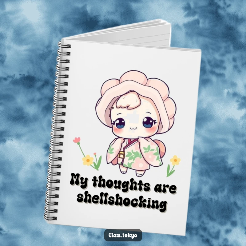 Funny Notebook featuring a clam character in a floral kimono playfully peeking, ideal for journaling, note-taking, or sketching with a humorous twist.