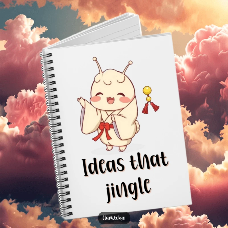 Funny Notebook adorned with a clam in a classic kimono, joyfully shaking a small, decorative string.