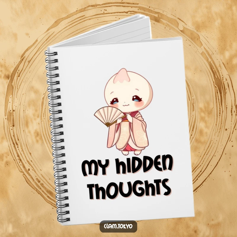 Funny Notebook adorned with a clam in an elegant kimono, playfully peeking from behind a paper fan.