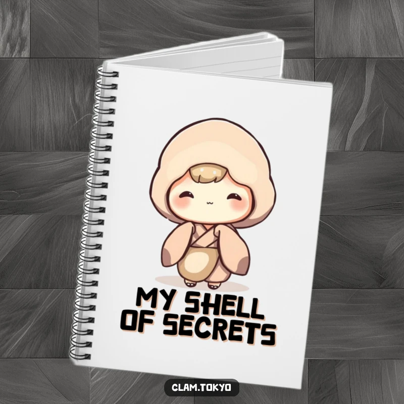 Funny Notebook with a shy clam character in a muted kimono, peeking out, ideal for journaling and note-taking with a humorous touch.