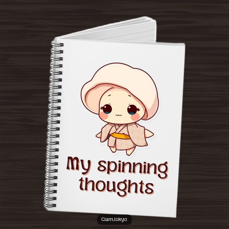 Funny clam wearing a patterned kimono gently spinning on a notebook, elegant journal.