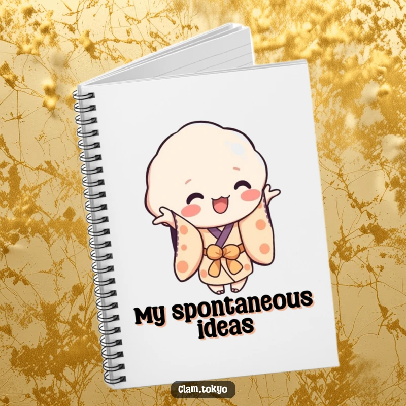Funny Notebook with a playful clam character in a simplified kimono, reaching out, ideal for jotting down creative and humorous ideas.