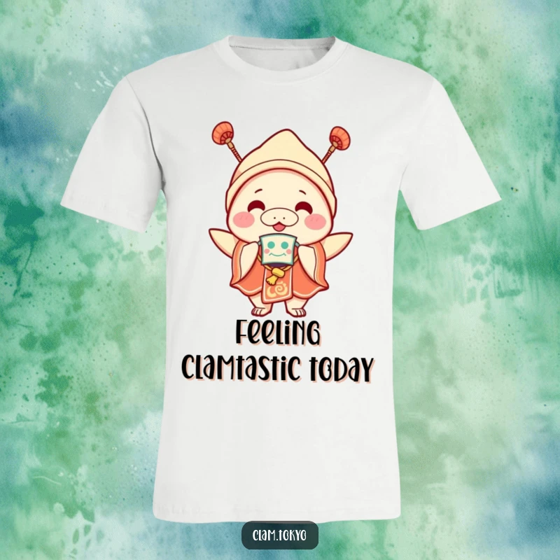 Funny T-Shirt of a joyful clam character in vibrant festival wear, sporting a small mask, exuding happiness and party energy.