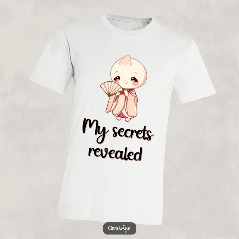 Funny T-Shirt featuring a clam in an elegant kimono, playfully peeking out from behind a paper fan.