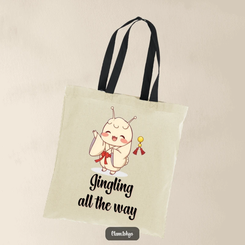 Funny Tote Bag featuring a clam in a classic kimono, joyfully shaking a small, decorative string.