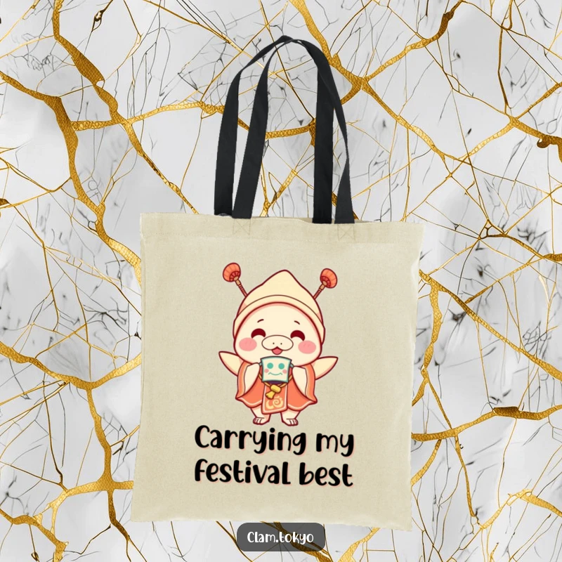 Funny Tote Bag with a joyful clam character in festival clothes and a mask, ideal for carrying party essentials with flair.