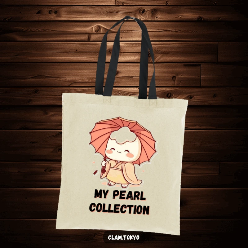 Funny Tote Bag with a regal clam character in a patterned kimono and umbrella, humorously ready for stylish errands.